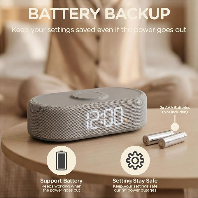 Fabric Digital Alarm Clock for Bedroom, Wireless Charging, Beige
