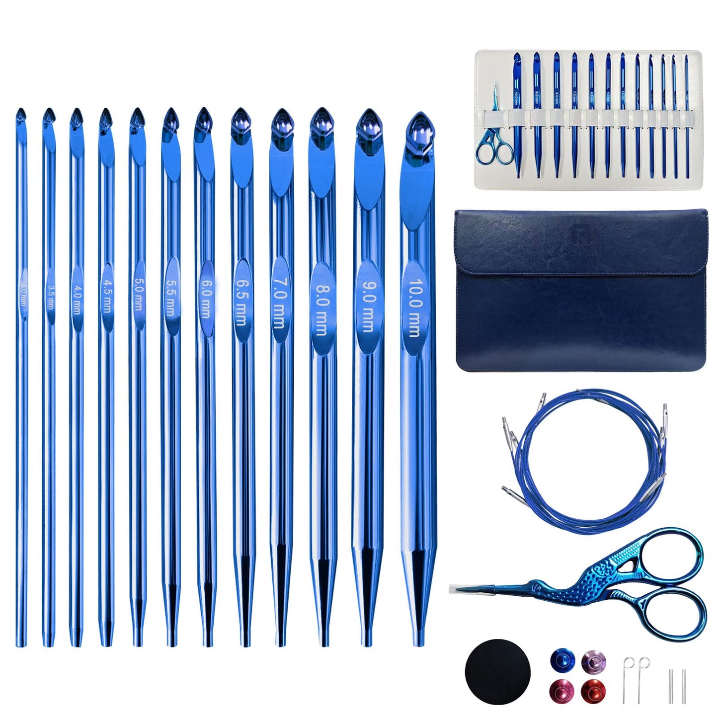 Tunisian Crochet Hooks Set Interchangeable with Case - 26pcs Metal Afghan Knitting Needles Kit 3mm-10mm with Long Cable & Ergonomic Grips, Blue
