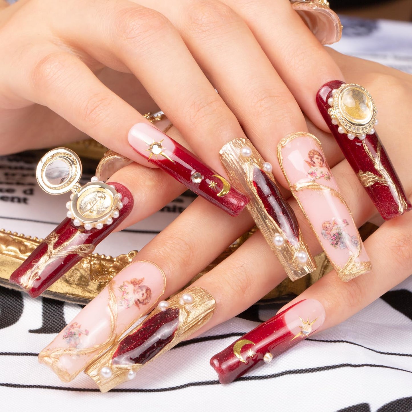 LOVFUL Press on Nails Verona Handmade Curve | Handmade with Full Covered Crystals | Reusable Fake Nails | Square Mid length 1.7in | H186-M