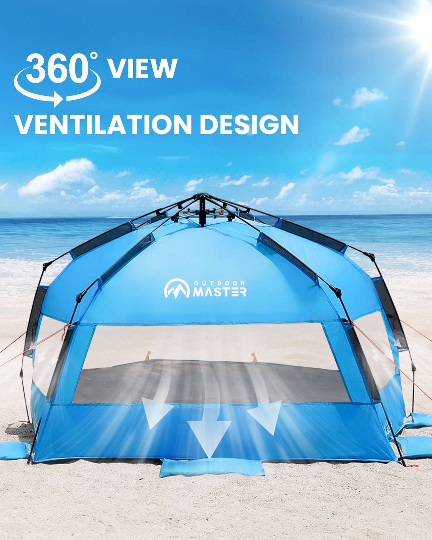 OutdoorMaster Pop Up Beach Tent for 4 Person - Easy Setup and Portable Beach Shade Sun Shelter Canopy with UPF 50+ UV Protection Removable Skylight Family Size - Blue