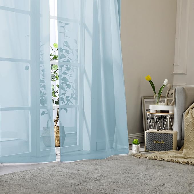 Lecloud Sky Blue Sheer Curtains 96 Inches Long 2 Panels, Light Filtering Voile Solid Air Curtains, Transparent Farmhouse Decor with Dual Rod Pocket for Dining Room Bedroom, Each 42" W x 96" L