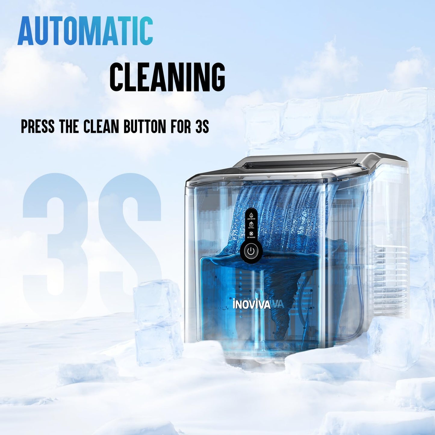 INOVIVA Nugget Ice Maker Countertop – 6 Mins Fast Ice Production, FLASHCHILL™, 26.5 LBS/Day, Self-Cleaning, Compact Portable Design, Ideal for Home, Office & Parties