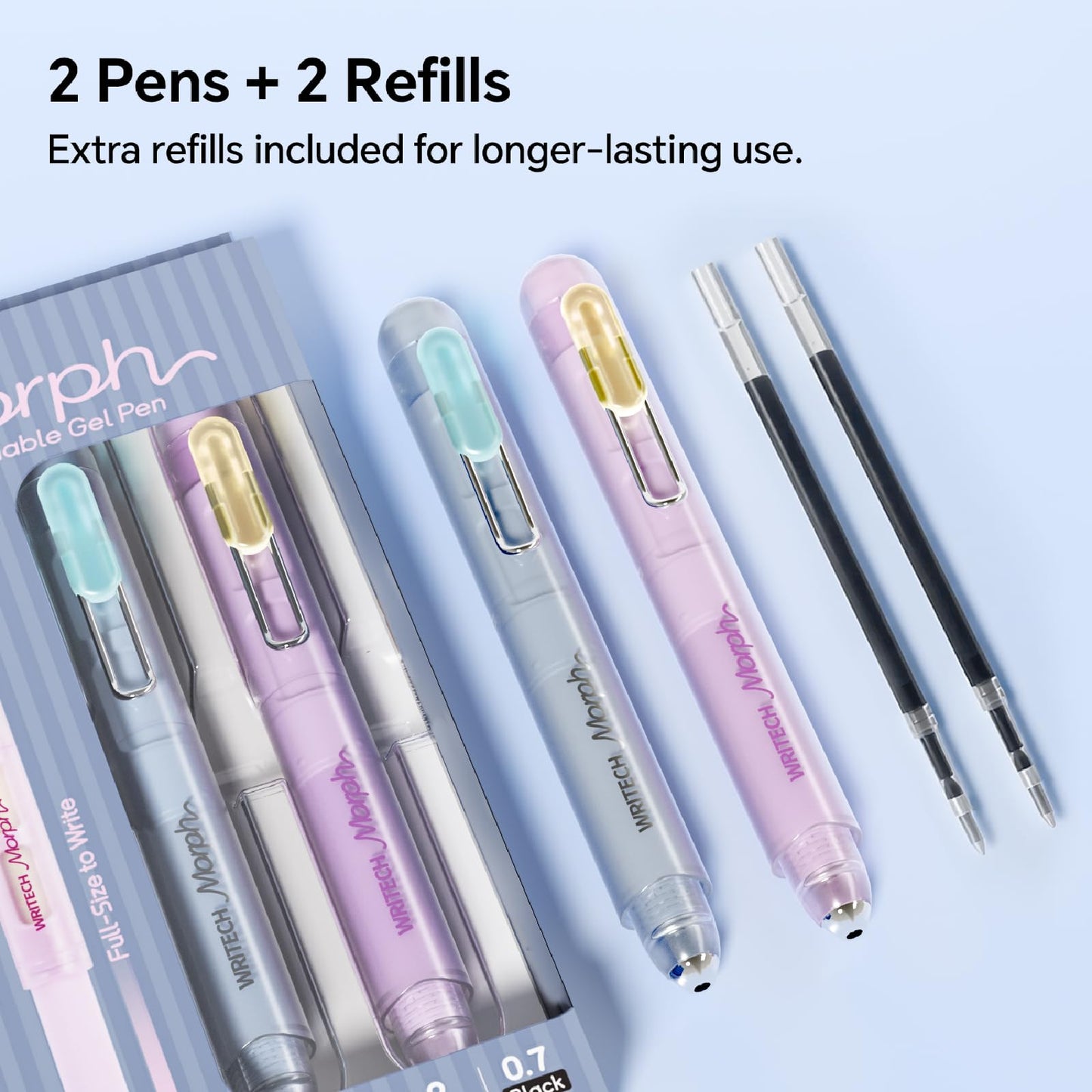 WRITECH Morph Extendable Gel Pens: 0.7mm Medium Point Black Ink Pocket-to-Full-Size Design Translucent Soft Grip Barrel Includes 2 Pens and 2 Refills Dual-Length Pocket Pen 4.6" to 6.1"
