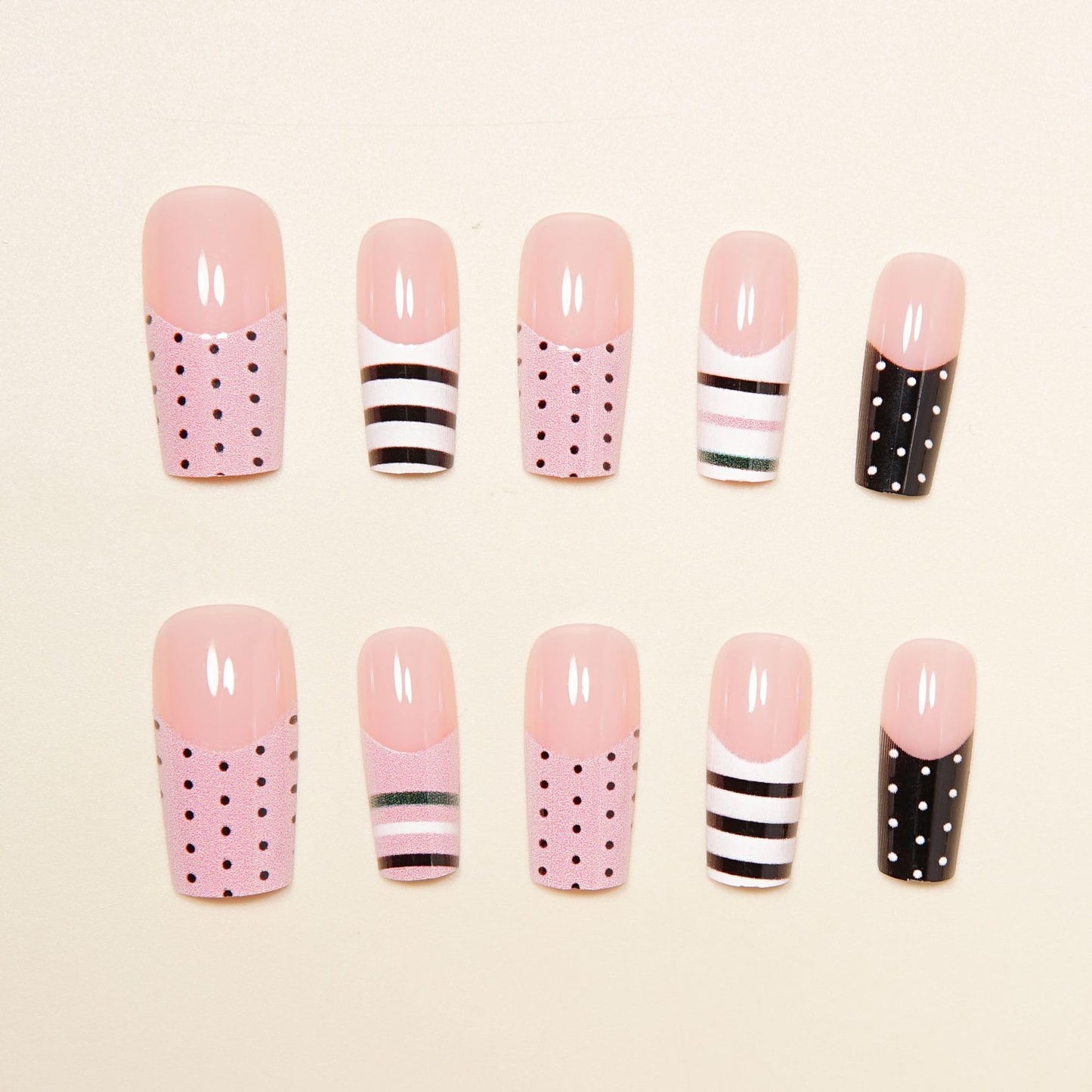 Medium Press on Nails Polka Dot Square Fake Nails with Pink & White French Tip Full Cover Stick on Nails Glossy Stripe Reusable Acrylic False Nails Glue on Nails for Women 24Pcs