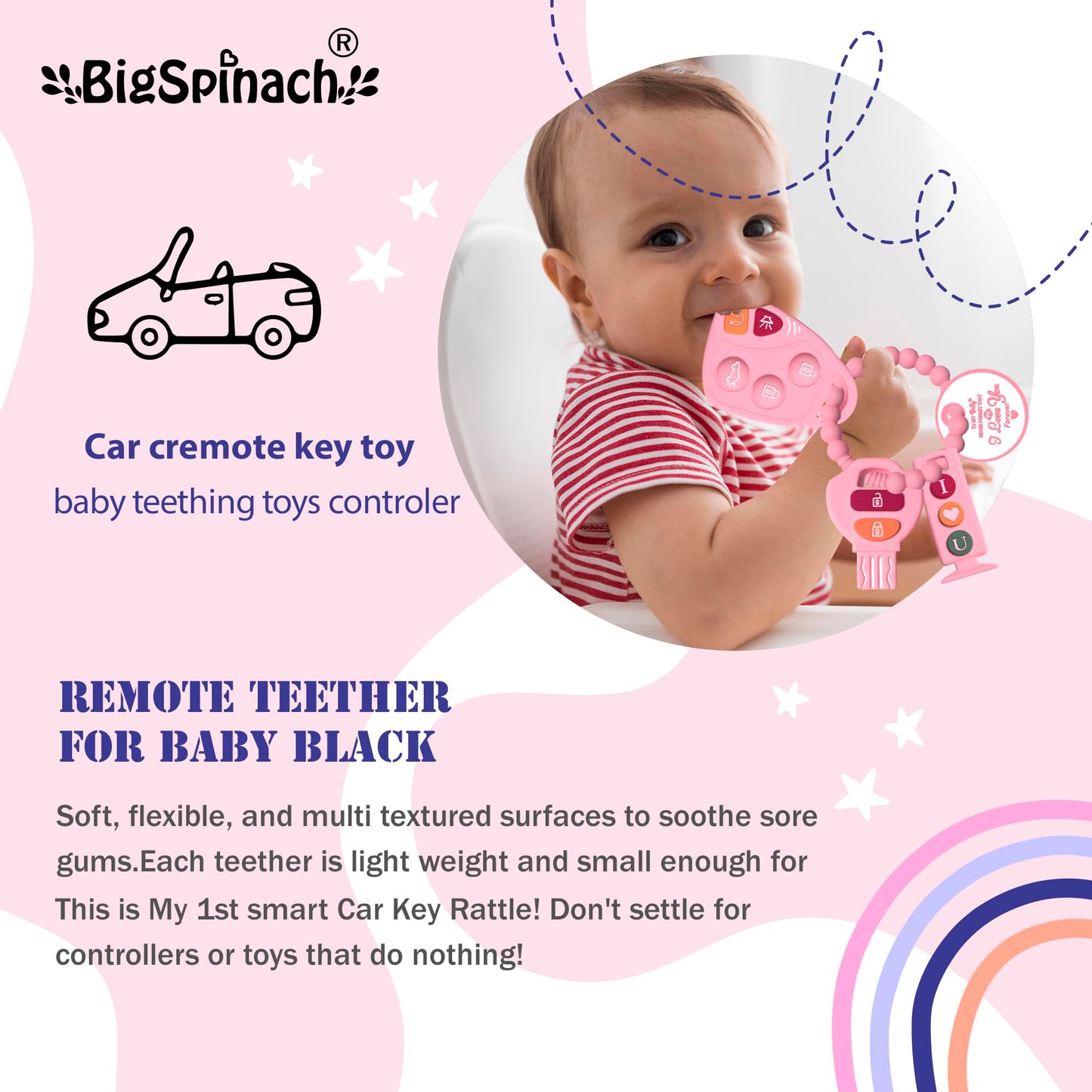 BIGSPINACH Baby Goth Teething Keys Toy 6-12M Pink Car Key Teether Combo Set