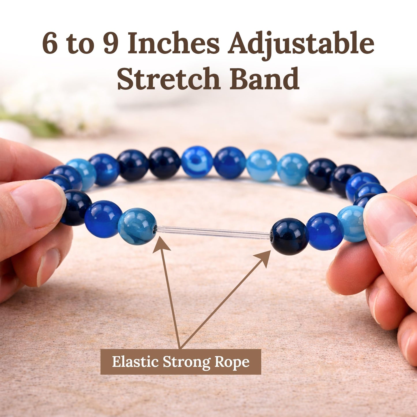 Elm City Direct 8mm Natural Stone Beaded Bracelet – Unisex Crystal Stretch Bracelets for Men & Women, Chakra & Healing Jewelry, Gift-Ready Beaded Bracelets (Blue Striped Agate, 8mm)