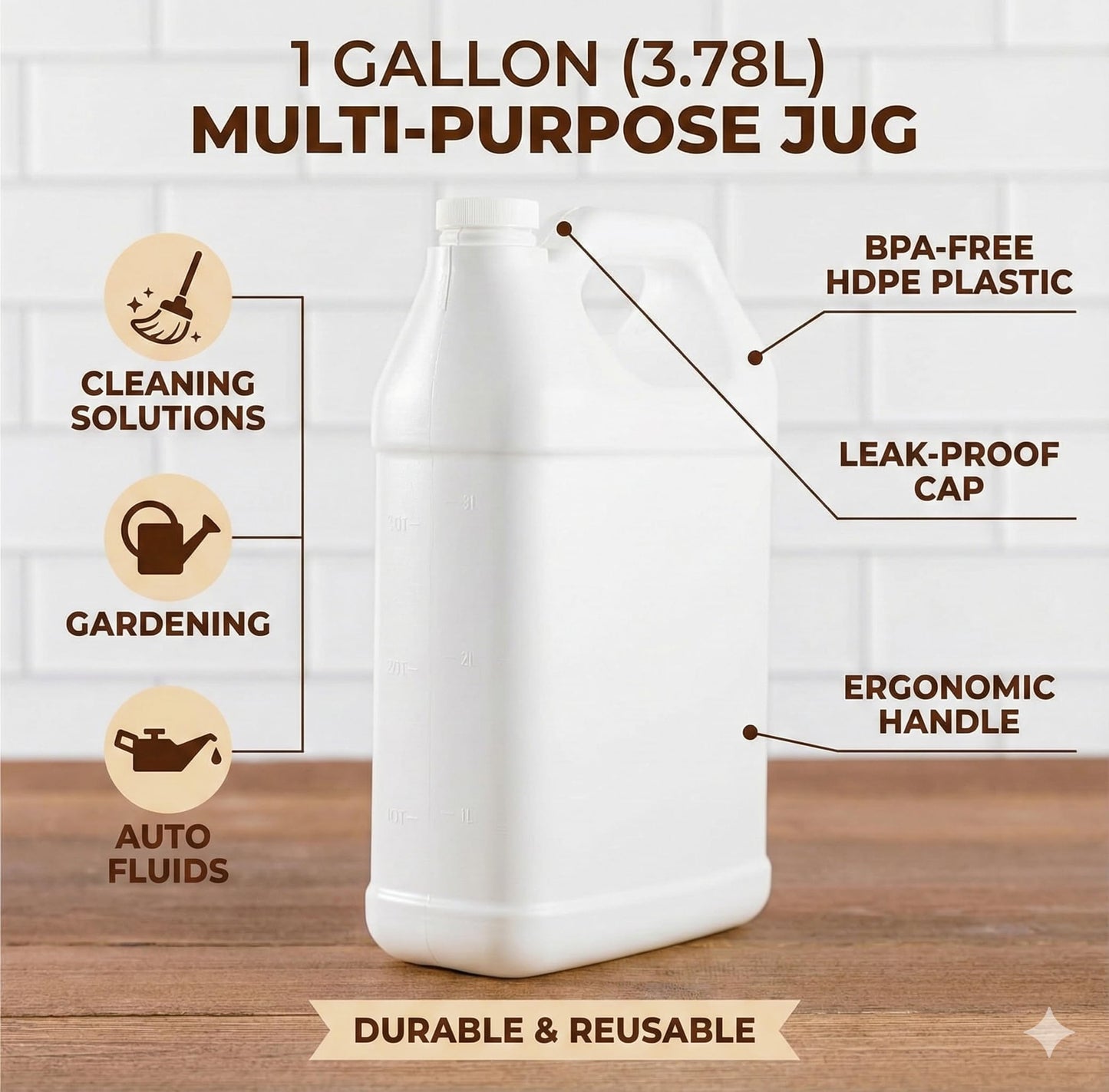 kitchentoolz 1 Gallon Carboy, White, High Density Polyethylene, Plastic Jug with Handle, Leak-Proof Lid, Dishwasher Safe, Made in USA, for Water, Brewing & Fermenting
