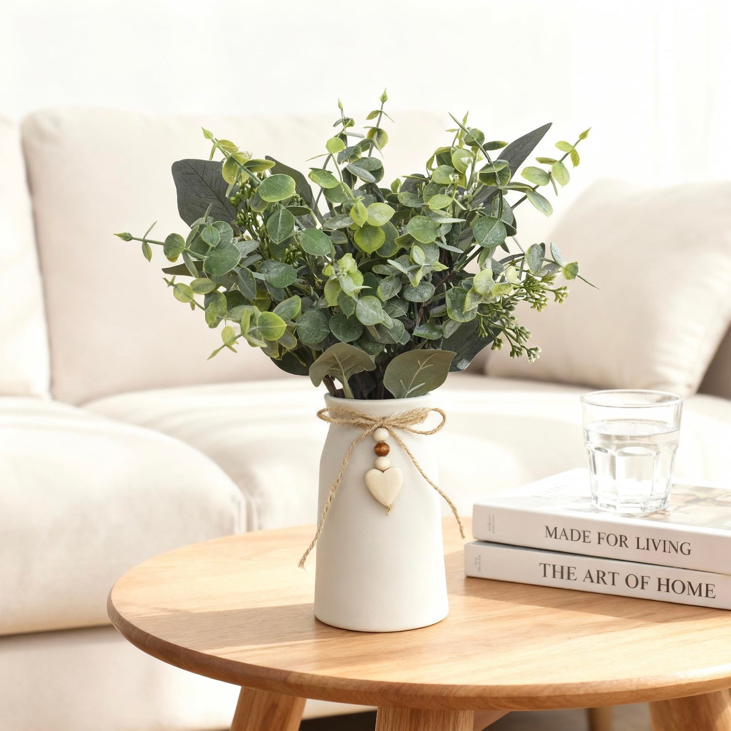 Artificial Silver Dollar Eucalyptus Stems in White Ceramic Vase, 14" Tall Faux Eucalyptus Picks with Twine Bow & Wooden Heart Charm, Full Greenery for Home Decor, Table Centerpiece, Shelf & Office