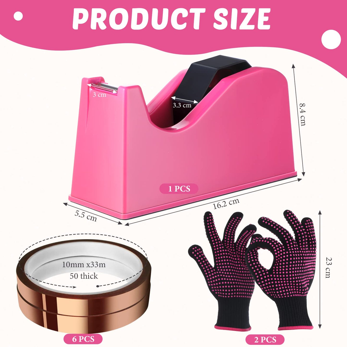 Sabary 9 Pcs Heat Tape Dispenser Set Pink Sublimation Tapes Dispenser Adhesive Roll Holder 2 Heat Press Resistant Gloves with Silicone Bumps 6 Sublimation Thermal Tape for Office Home