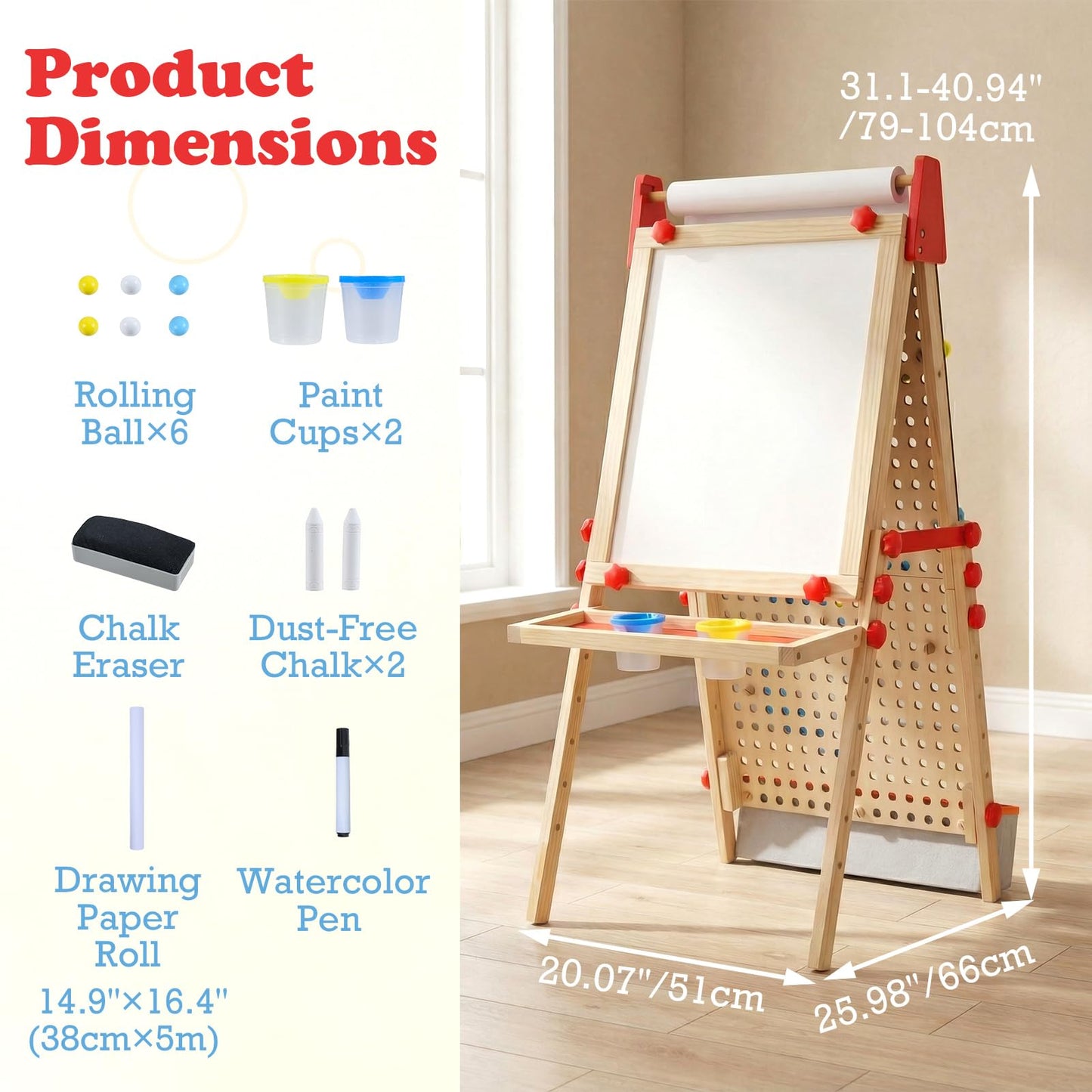OLAKIDS 4 in 1 Easel for Kids with Marble Run, Magnetic Whiteboard, Chalkboard, Drawing Paper Roll, 6-Level Adjustable Height for Toddlers Ages 3-10