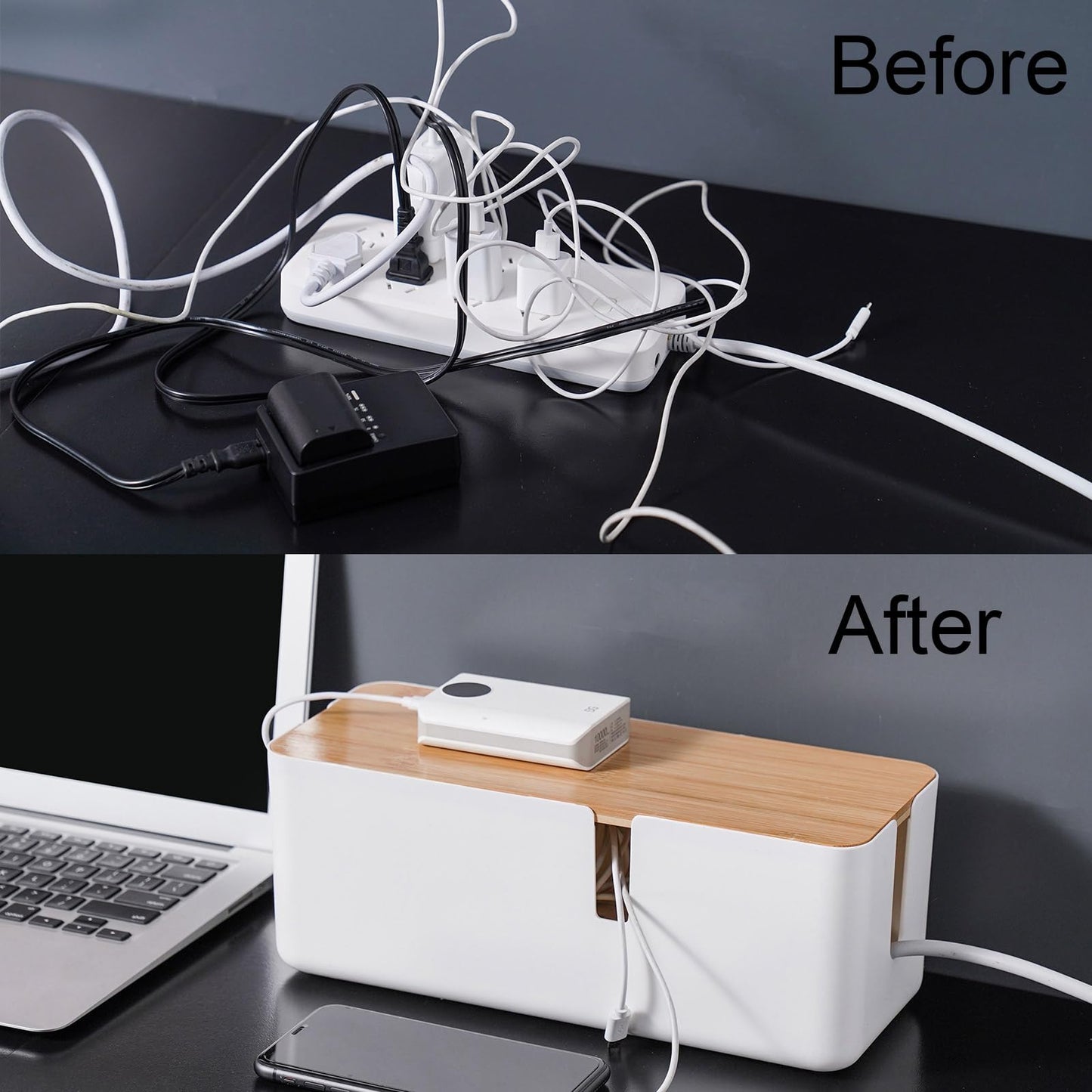 Changsuo Small Cable Management Box with Bamboo Lid for Extension Cord Power Stripe Surge Protector Wire Concealer Organizer Cover Hider (White)