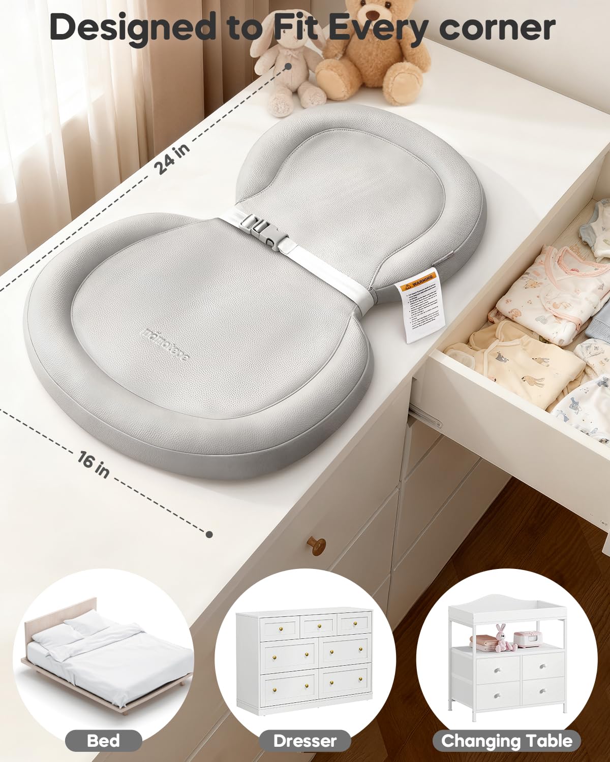 Waterproof Peanut Baby Changing Pad, Foldable Travel On-the-Go for Dresser & Changing Table, Wipe-Clean PU Diaper Pad with Non-Slip & Adjustable Safety Belt, 24"x16", Gray