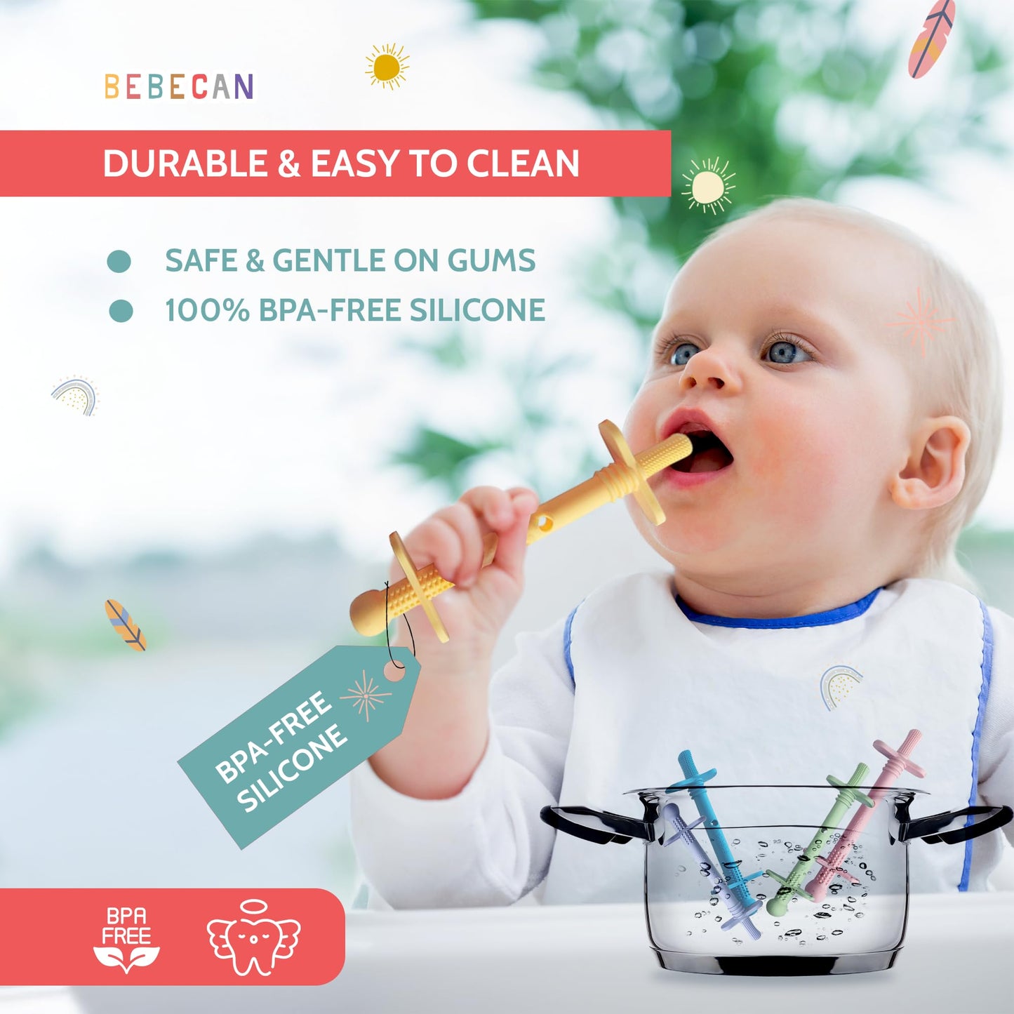 Bebecan Shielded Teething Tubes – Baby Teething Relief 0-36 Months, Anti-Choking Design, Clip-Attachable, BPA-Free Silicone, 5 Soft Tubes + 2 Teether Clips + 2 Brushes + Storage Bag