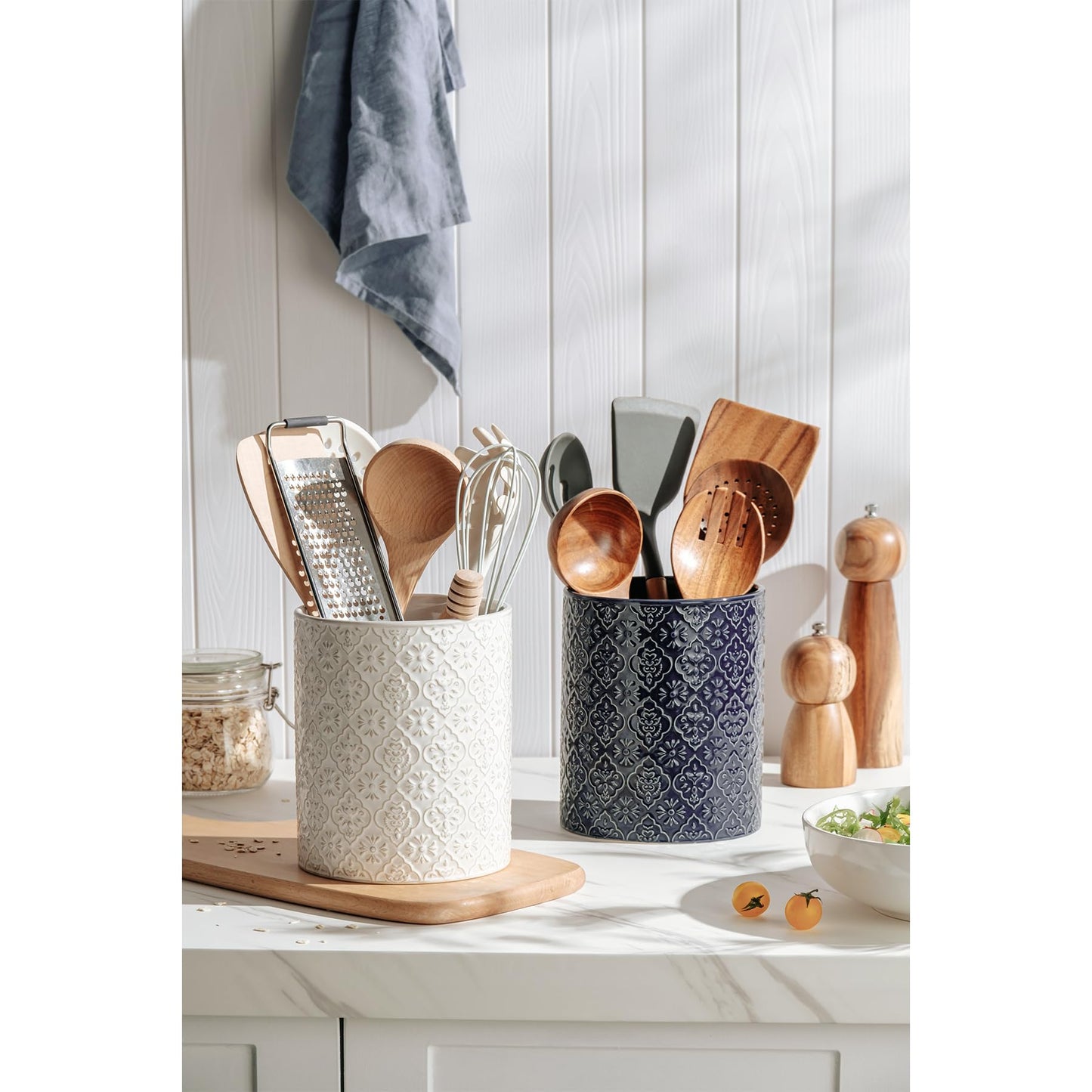 MIKIGEY Kitchen Utensil Holder, 6x7 inch Large Ceramic Utensil Holder with Embossed Pattern, Cooking Utensil Crocks for Kitchen Countertop, Home Decor, Off-White