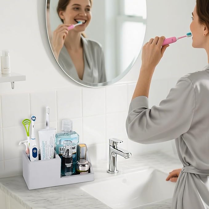 Diatomite Toothbrush Holders for Bathrooms, Quick Dry Electric Tooth Brush and Toothpaste Organizer Bathroom Accessories for Countertop, Vanity, Sink - Light Grey