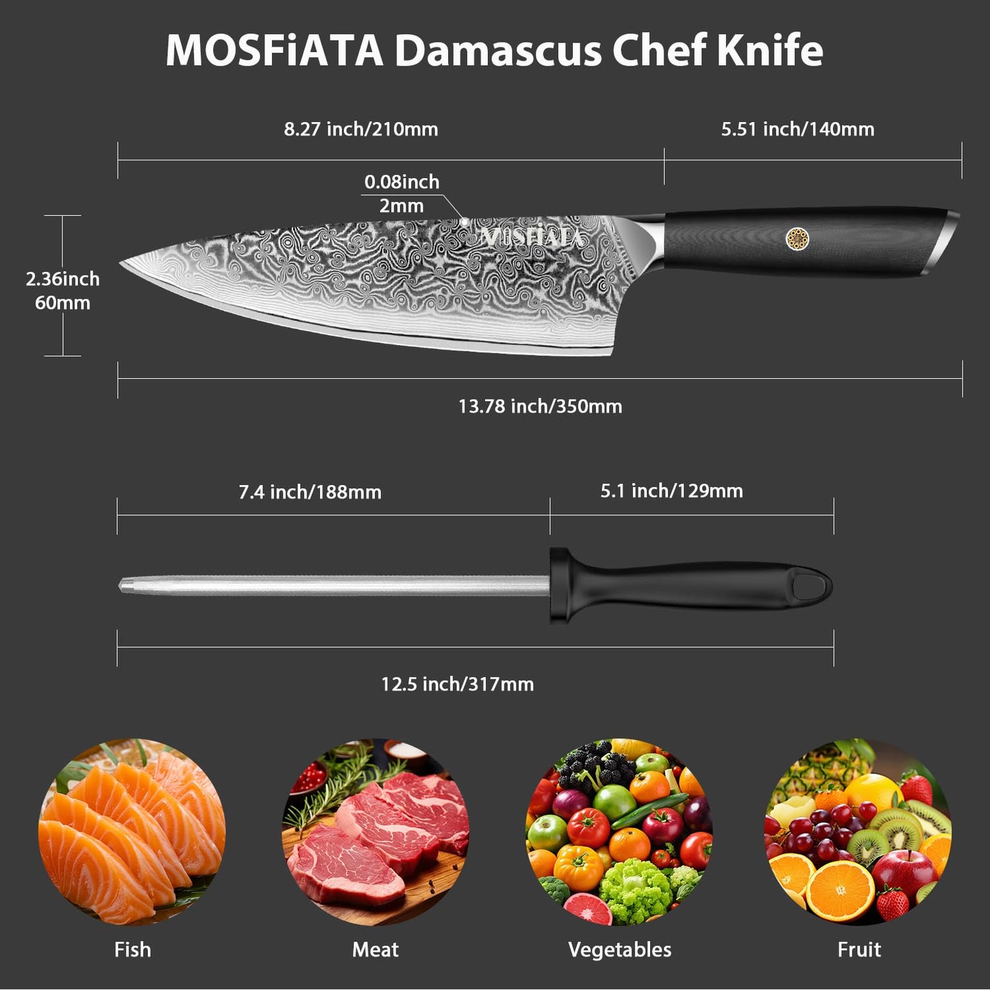 MOSFiATA Damascus Chef Knife 8", Professional Sharp Kitchen Knife 67 Layers Damascus Stainless Steel VG10 Core, Chef's Knives Chopping Cooking Knife Set with Ergonomic G10 Handle Sharpener Gift Box