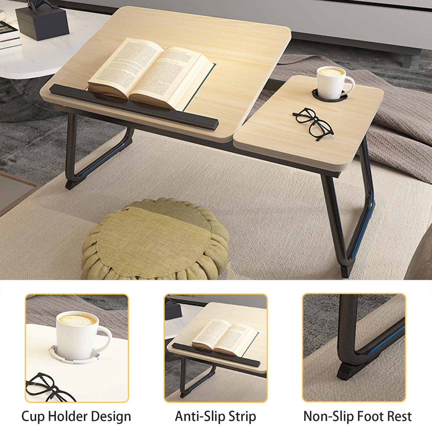 Adjustable Laptop Desk for Bed, 5-Angle Adjustable Lap Tray Table with Cup Holder, Portable Foldable Bed Desk for Eating, Working, Writing & Reading (Yellow)