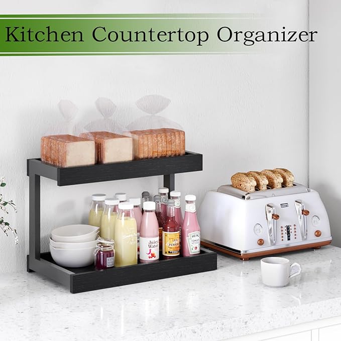 MARTY 2 Tier Spice Rack Organizer for Countertop, 15.8''L Coffee Station/Bathroom Organizer Countertop, Counter Shelf Desktop Storage Organizer for Kitchen, Bedroom, Office (Black)