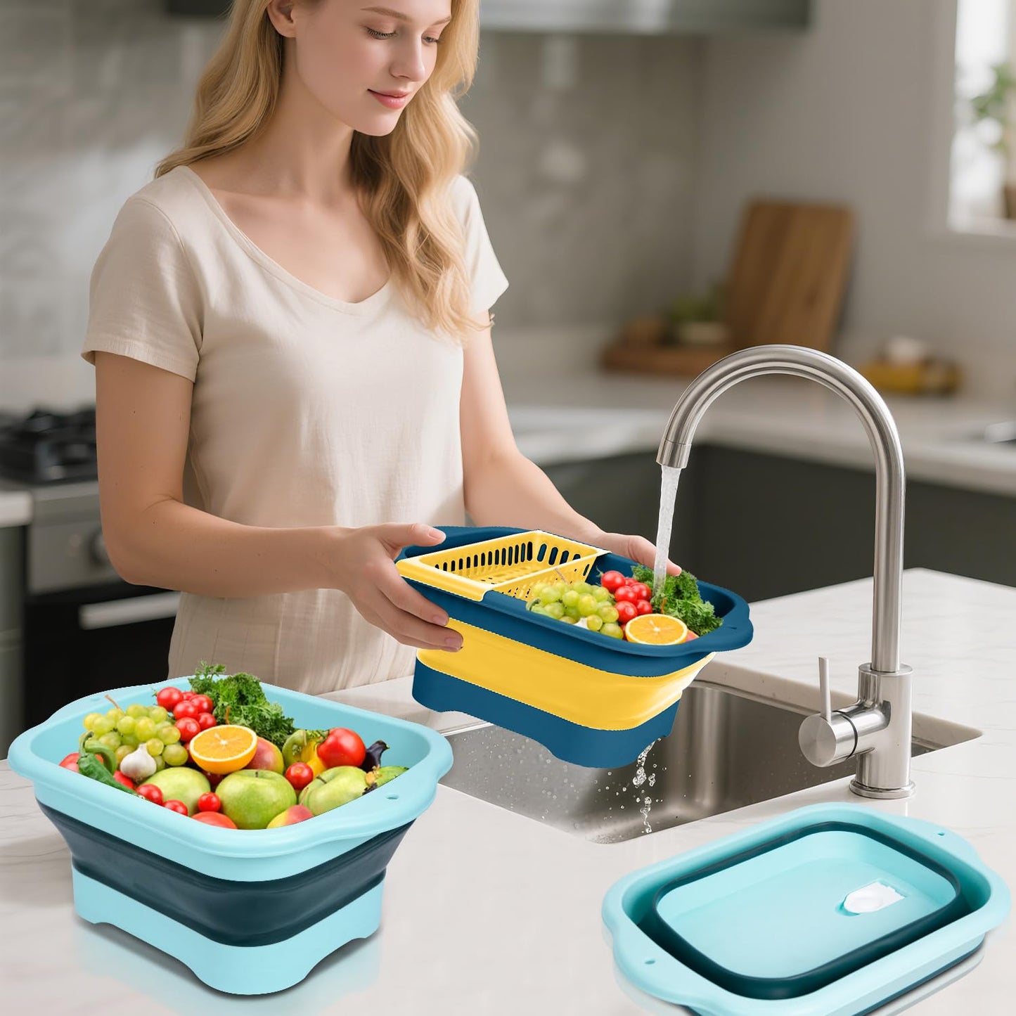 2Pack Collapsible Dish Basin with Drain Plug and Portable Sink, 11L(2.91 Gallon) Collapsible Bucket with Sink, Foldable Wash Basin for Station Campin/Camping/Rv/Kitchen (Green and Yellow)