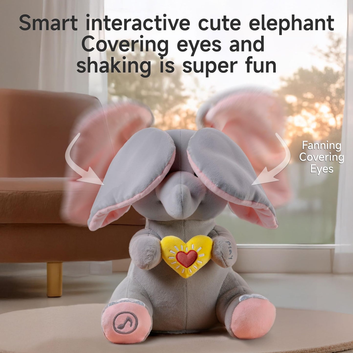 eJog Pup Peek a Boo Elephant Toy, Interactive Singing Plush Elephant Toy with Flapping Ears and Hearts, Musical Stuffed Animal for Babies and Toddlers