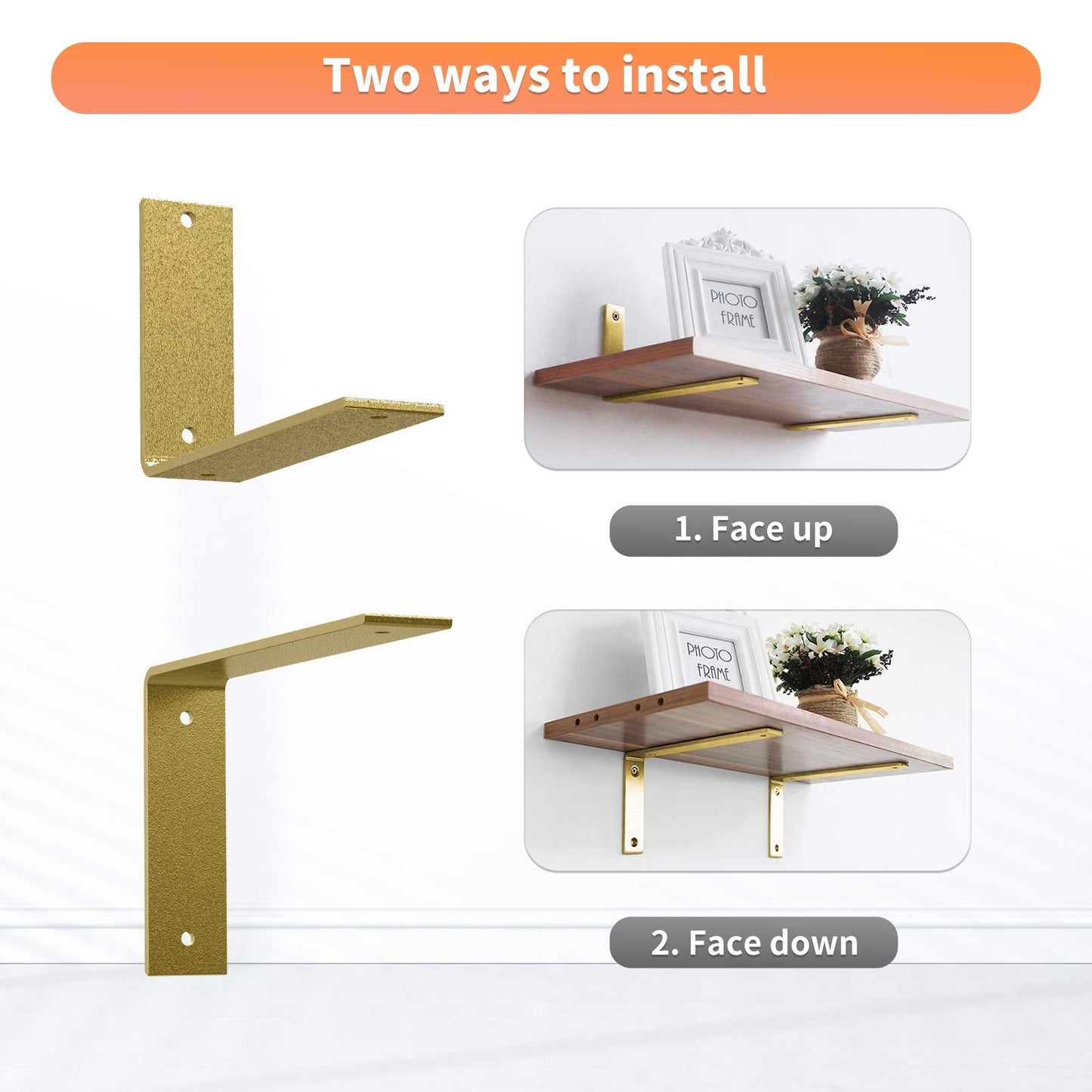 Gold Heavy Duty Shelf Brackets 6 Inch, Rustic Gold Iron L Shelf Bracket, Industrial Modern Metal Floating Shelf with Hardware for DIY Open Shelving, 4 Pack