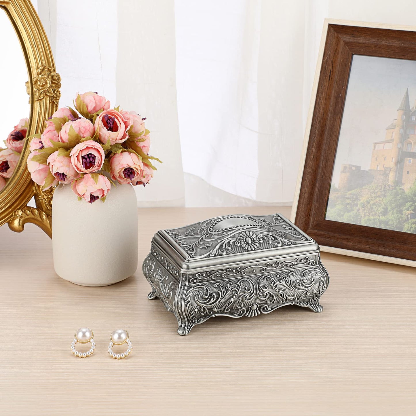 ELLDOO Vintage Metal Music Box, Wind Up Musical Jewelry Box Keepsake Box, Small Trinket Jewelry Storage Box Gift for Girl Women (Tune: You Are My Sunshine)
