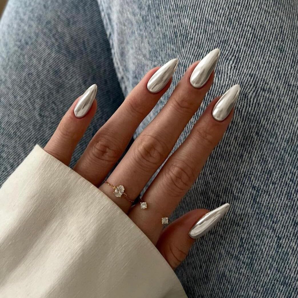 White Sliver Chrome Press on Nails Medium Almond, KQueenest Mirror Metal Stiletto Fake Acrylic Nails with Bling Design, Reusable Glue on Nails for Daily Party Wear, False Nails Press ons in24 PCS