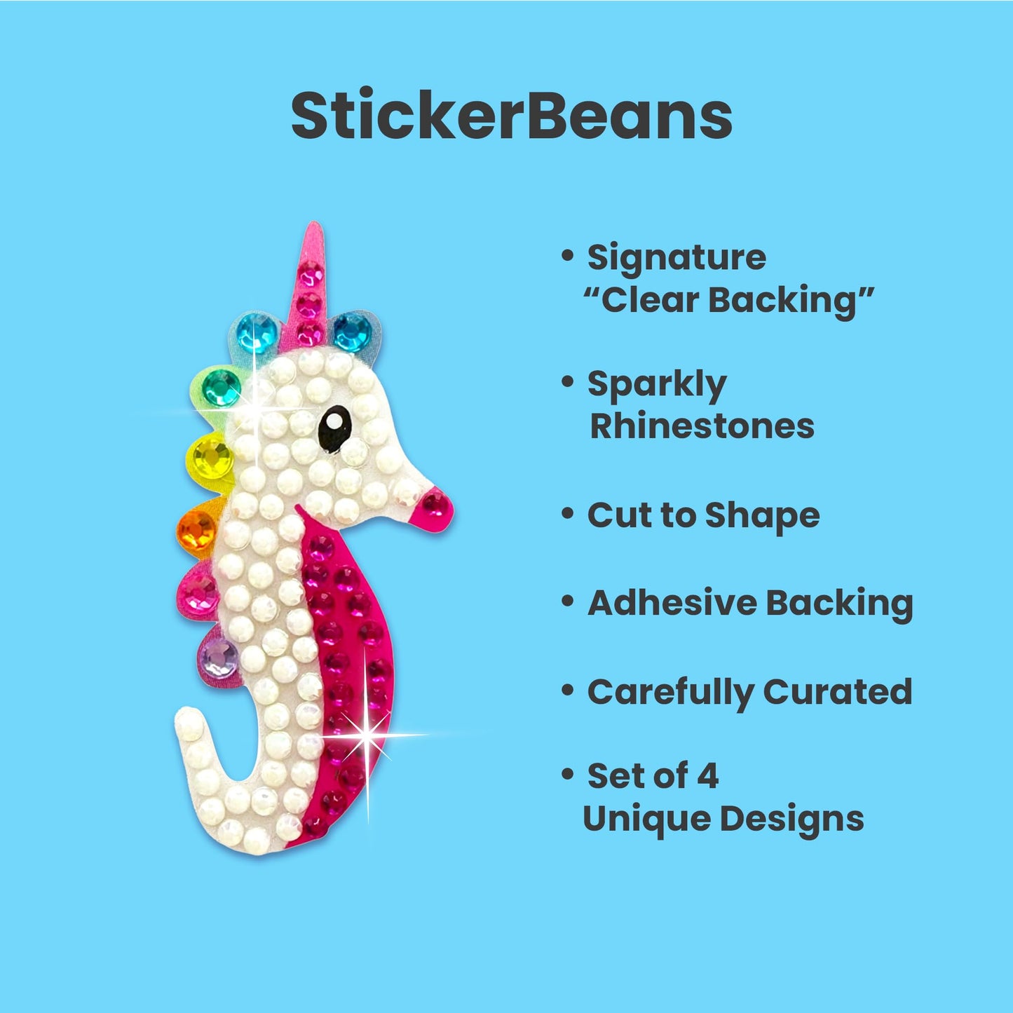 StickerBeans® Rhinestone Stickers - Whimsical Sticker Pack, 2” x 2” Each, Unique Sparkly Cut-to-Shape for Collecting, Trading, Decorating Laptops, Phone Cases, Scrapbooks