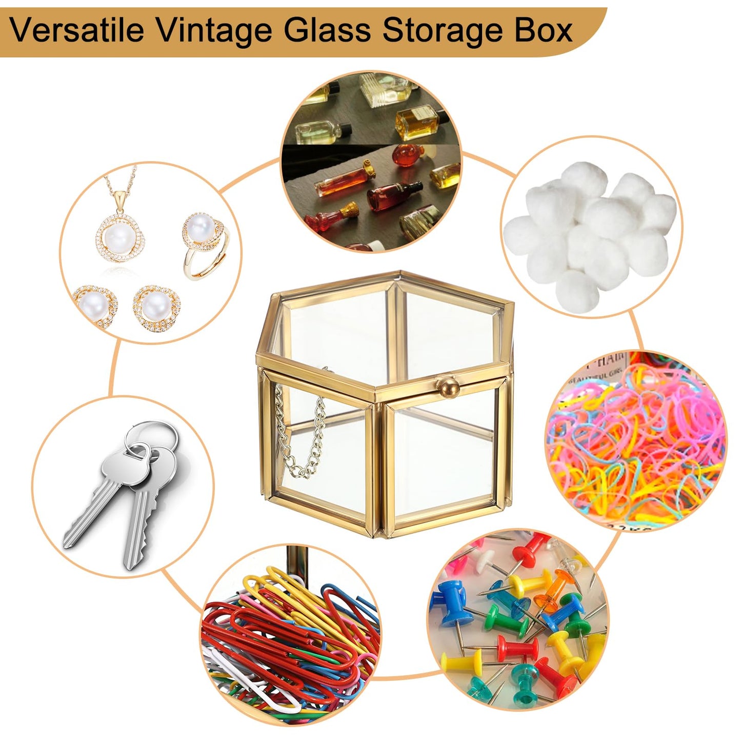 BTSKY Golden Glass Paper Clip Holder, Compact Hexagon Binder Holder for Desk, Clear Elegant Paper Clip Dispenser, Decorative Mini Storage Box Small Office Supply Accessory Organizer