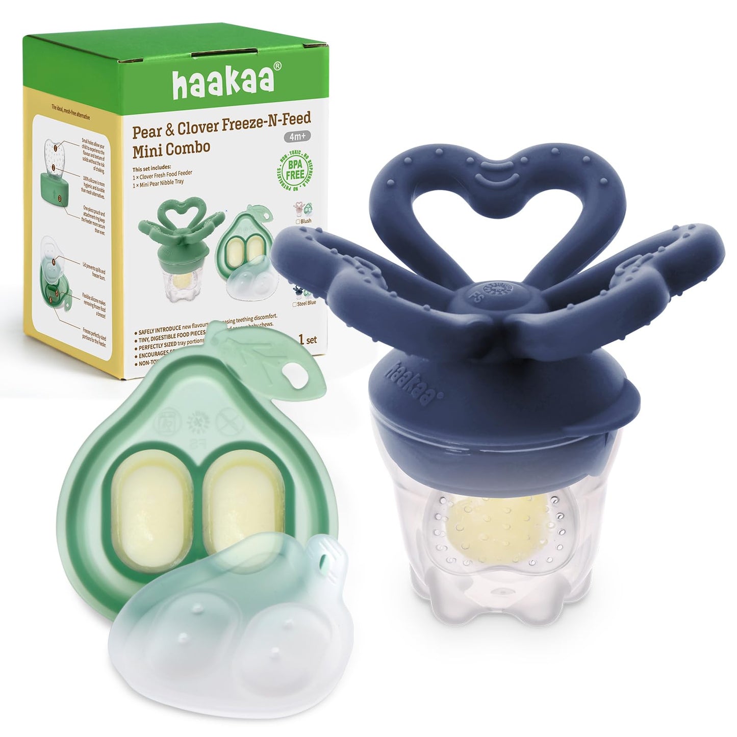 Haakaa Clover Baby Fruit Feeder Teether & Mini Freezer Nibble Tray – BPA-Free Silicone Breastmilk Popsicle Mold for Baby Teething Relief & Self-Feeding, 4M+ (Steel Blue)