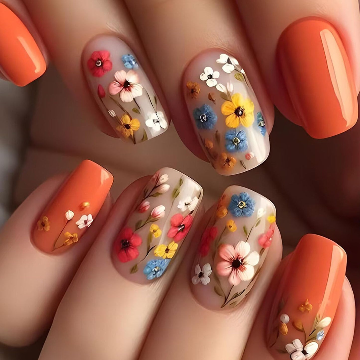 Short Press on Nails Square Nails Press ons Orange Full Cover Fake Nails Spring Acrylic Nails 3D Colorful Flowers Glue on Nails Cute Glossy Artificial False Nails for Women 24 Pcs