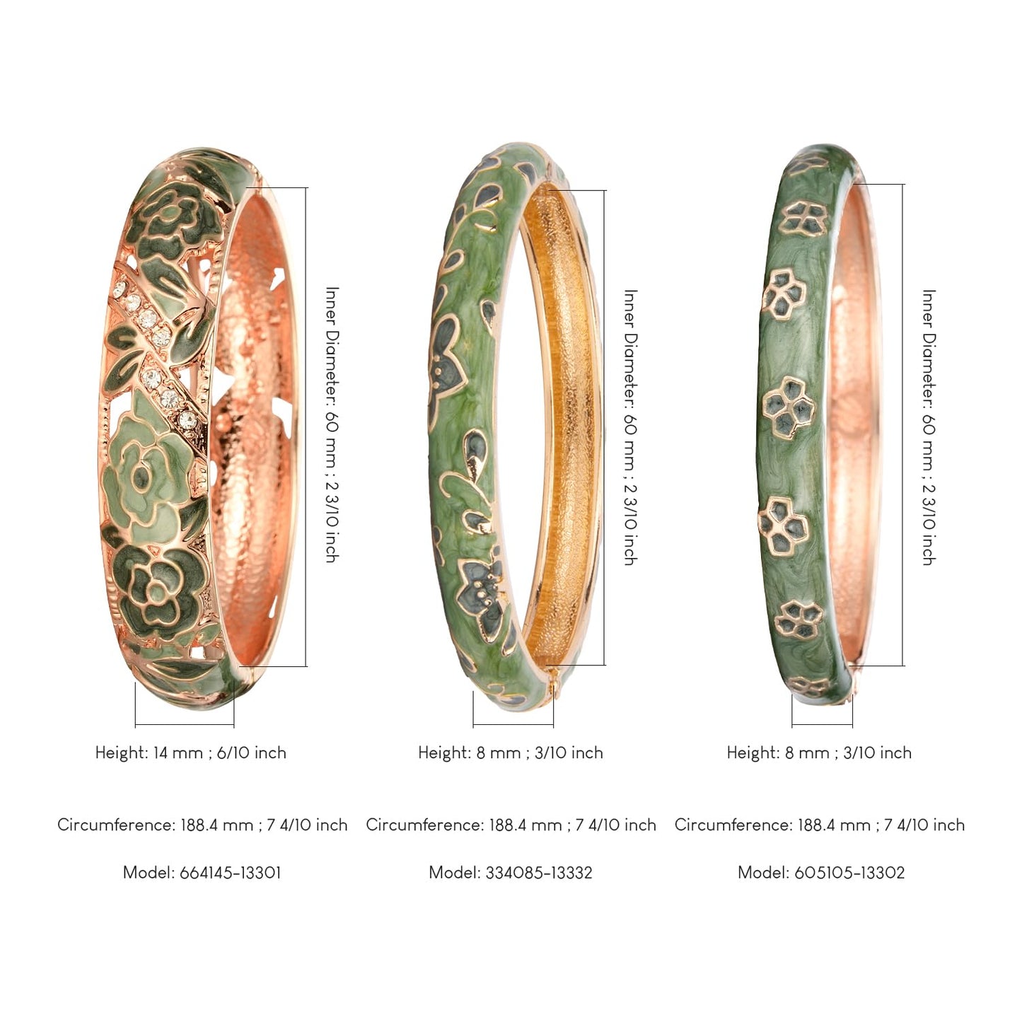 UJOY Women Cloisonne Bracelet Multi-colors Rhinestone Flower Hollowed Enameled Gold Hinged Cuff Bangles Jewelry Gift 88C06 3pcs green