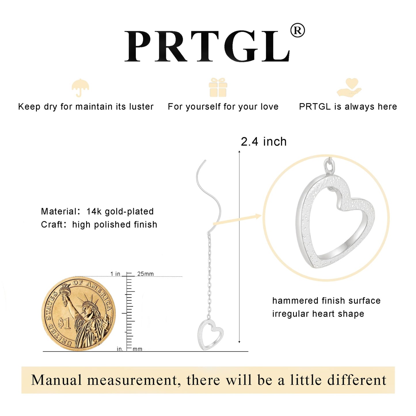 PRTGL Dangle Earrings for Women - 14K White Gold Plated Love Heart Long Dangle Earrings for Women Wedding Bridal Bridesmaid