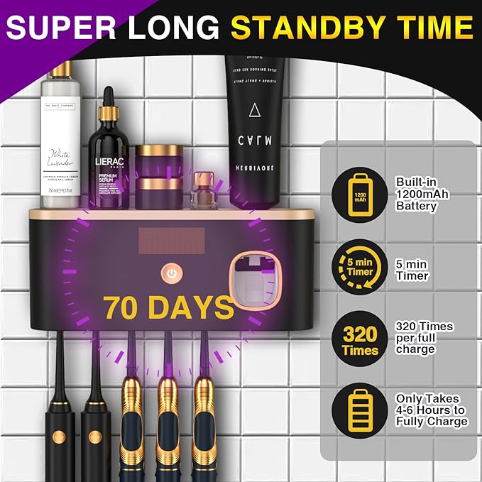 Toothbrush Holders for Bathrooms, Toothbrush Holder Wall Mounted with Toothpaste Dispenser Bathroom Solar Charging and No Drilling Required Tooth Brush Holder with 5 Brush Slots