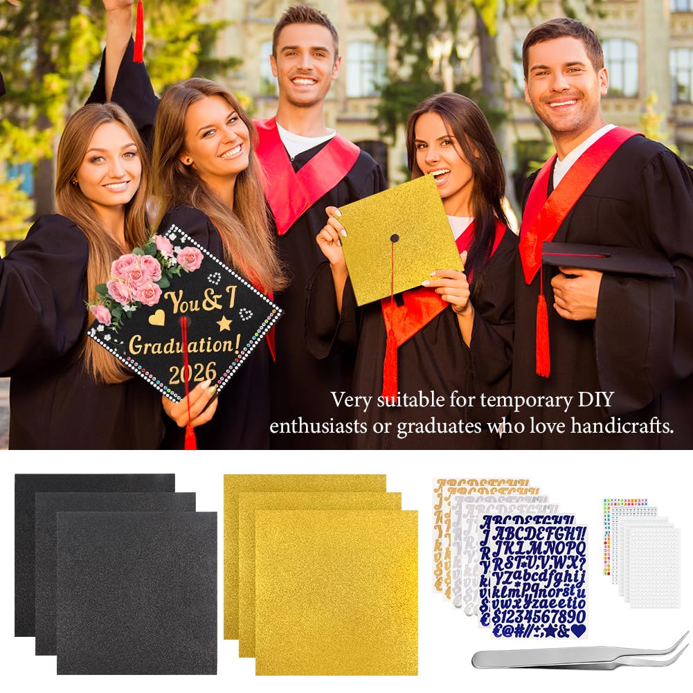 Arivlune Graduation Cap Decorations kit, Includes 6 9.8 X 9.8 Graduation Cap Topper Blank Glitter Cardstock/5 Sheets Rhinestones/6 Alphanumeric Stickers for DIY Graduations Caps Topper