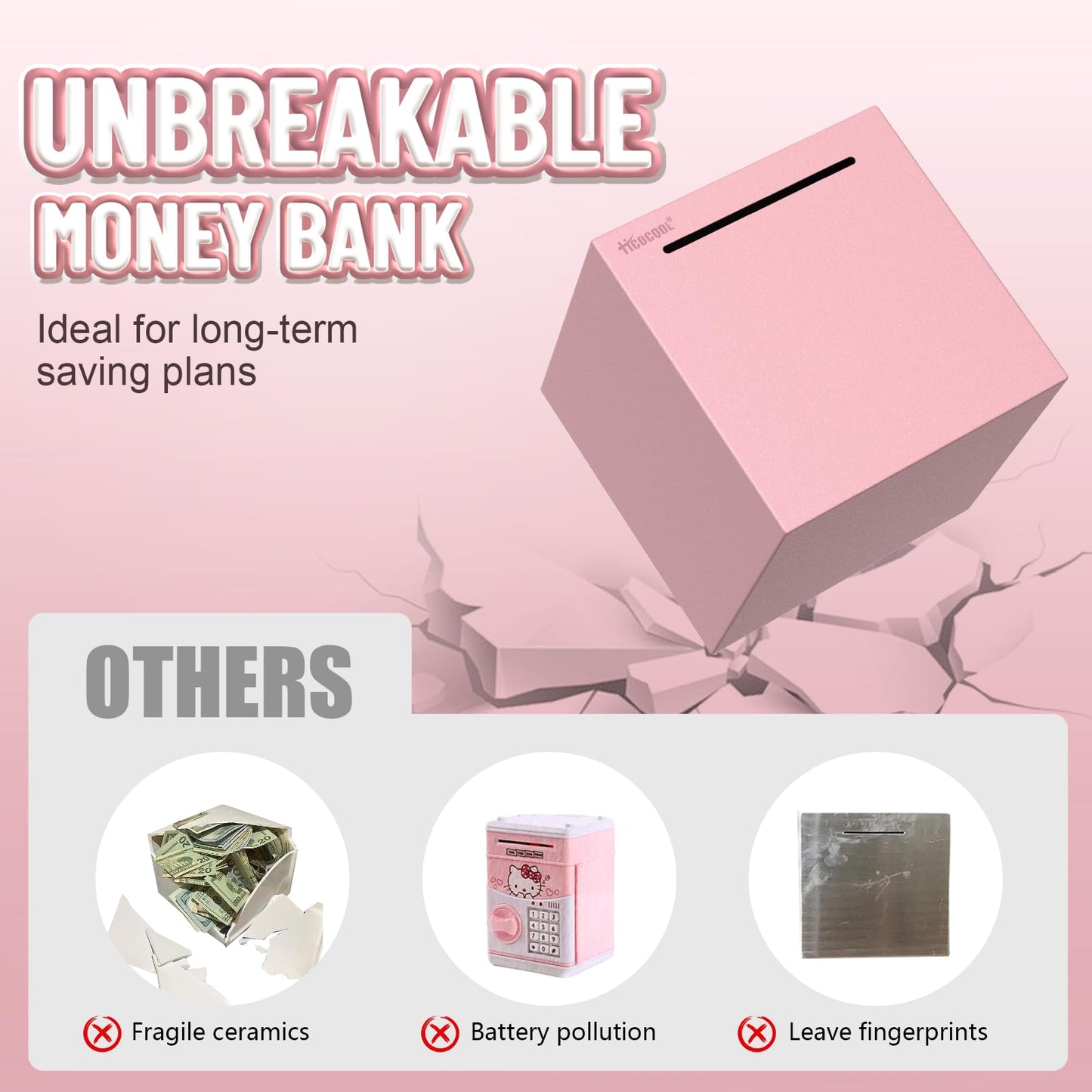 Hicocool Piggy Bank for Adults Must Break to Open, Unbreakable Stainless Steel Money Saving Box (Pink, Palm Size)