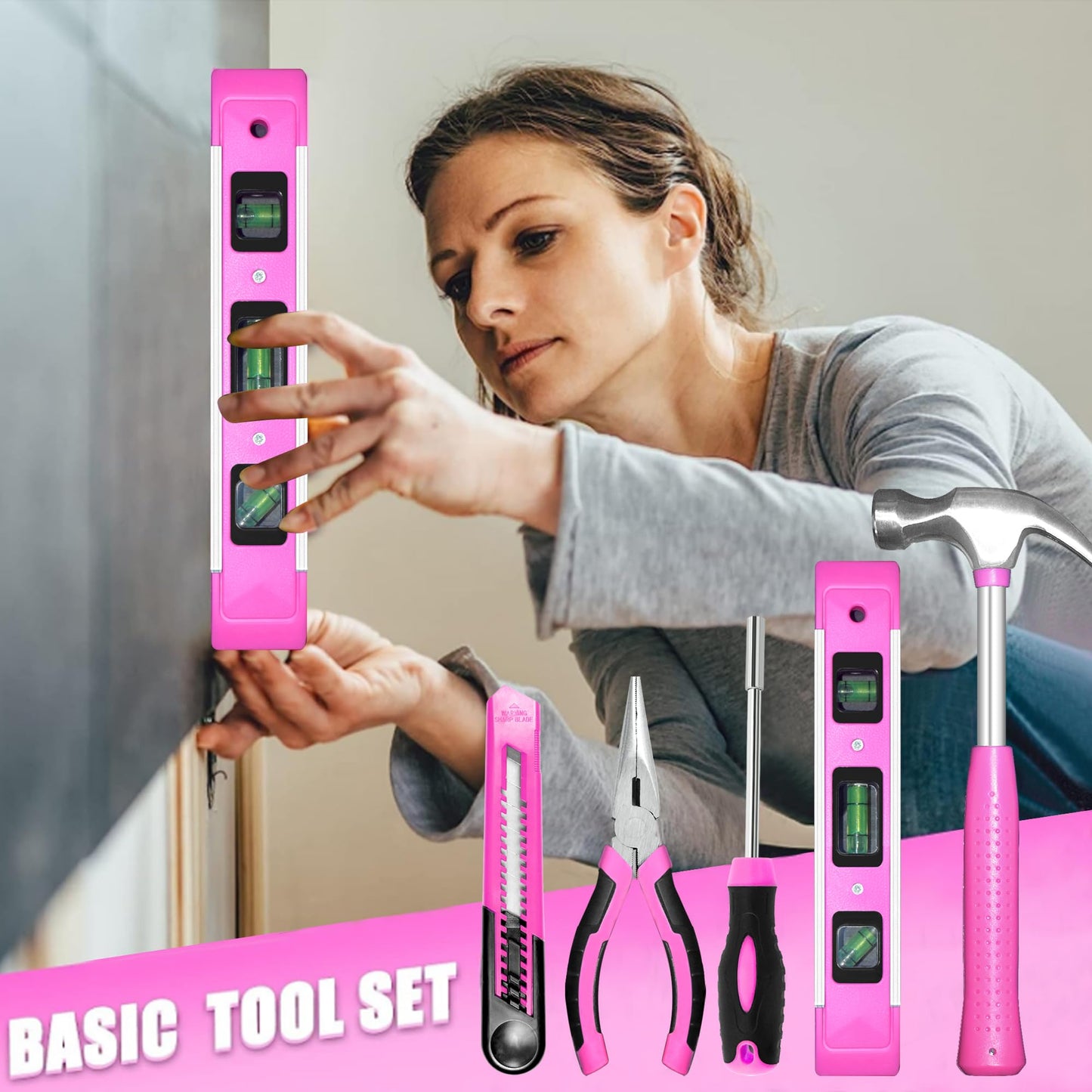 SOLUDE Pink Tool Set,130 Piece Home Tool Kit for Women with 3.6V Cordless Rechargeable Screwdriver,Basic Household Tool Kit Set for New Home,Apartment,College Dorm & DIY Projects