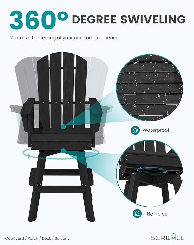 SERWALL Swivel Adirondack Bar Chairs Set of 4, HDPE Outdoor Swivel Barstools Chairs Set of 4 for Bistro, Poolside, Garden, Black