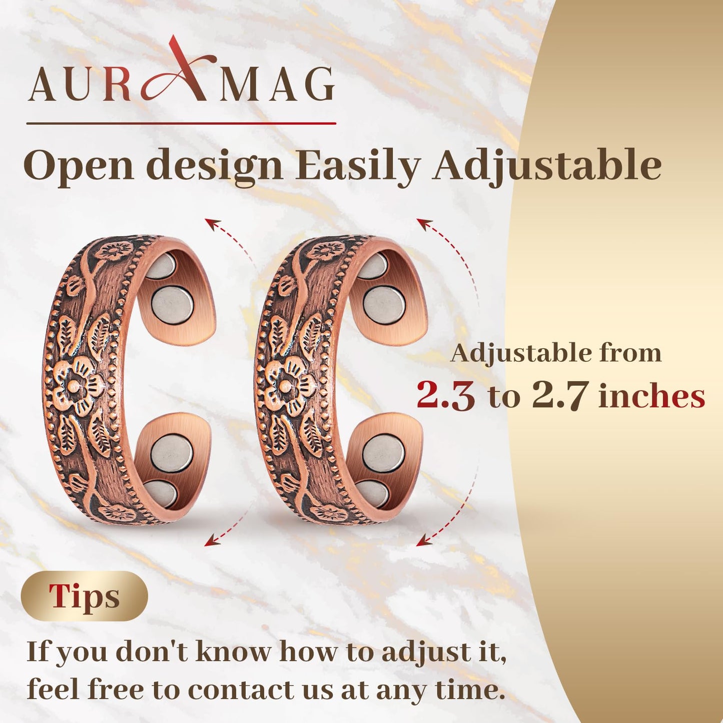 Auramag Copper-Flower Magnetic Rings, 99.99% Pure Copper, 2 Count, One Size, Open Circle, Female, 0 Carats, 3500 Gauss, Lymph Drainage & Blood Circulation, Gift Box & Cloth Included