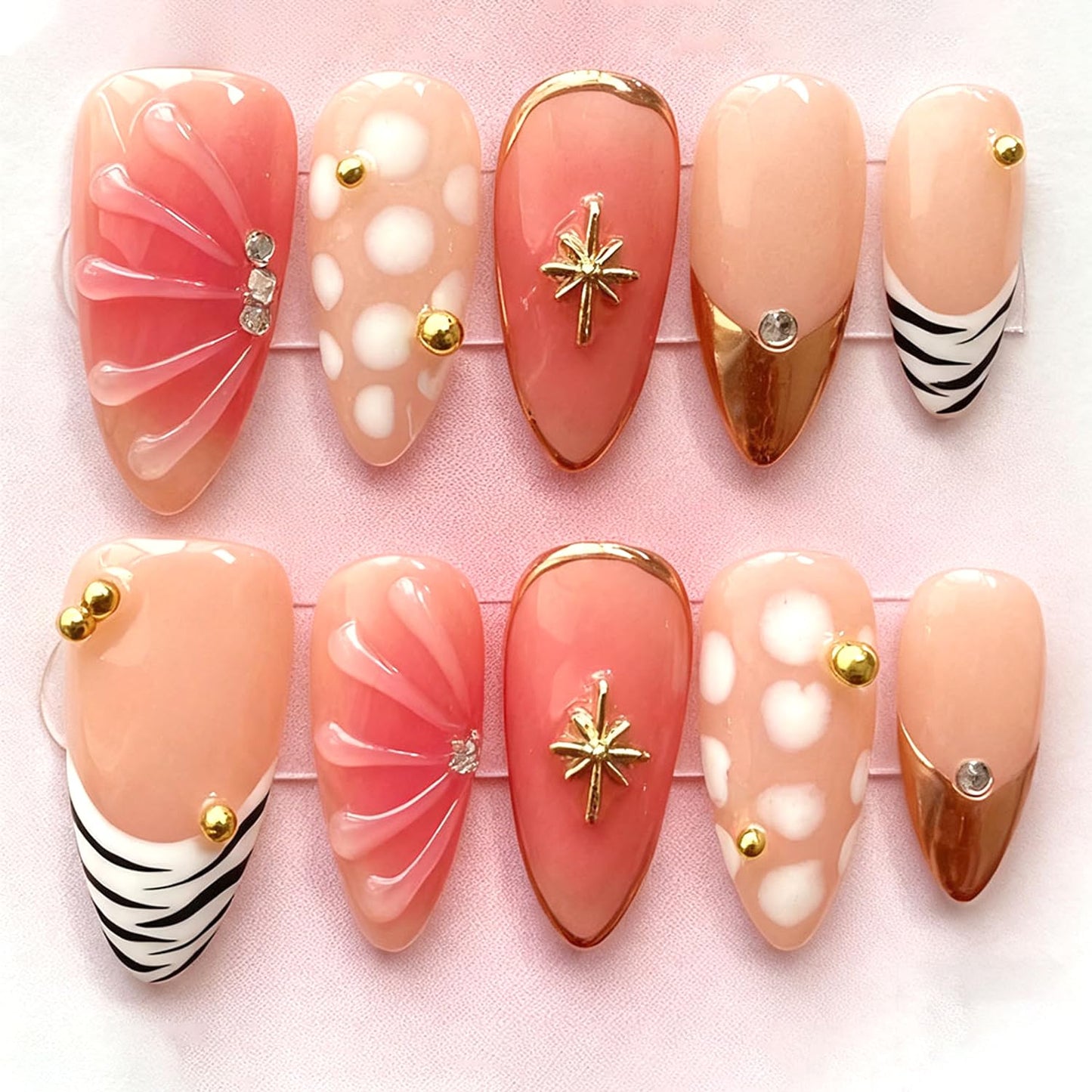24Pcs Summer Starfish Press on Nails Medium Almond Fake Nails gradient Polka Dot Stripe Gold Beads Design Glossy Pink False Nails French Tip Stick on Nail for Women DIY Manicure