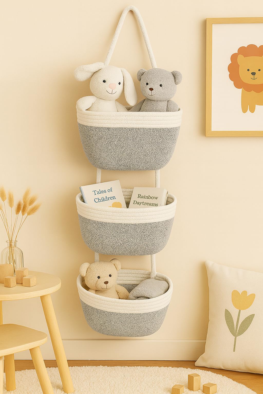 Japanese Handmade Cotton Rope Hanging Basket Organizer – 3 Tier Wall boho Storage Organizer for Toys , Snacks & Décor – Eco-Friendly Coiled Weaving Craft, Housewarming & Shower Gift (White&beige)