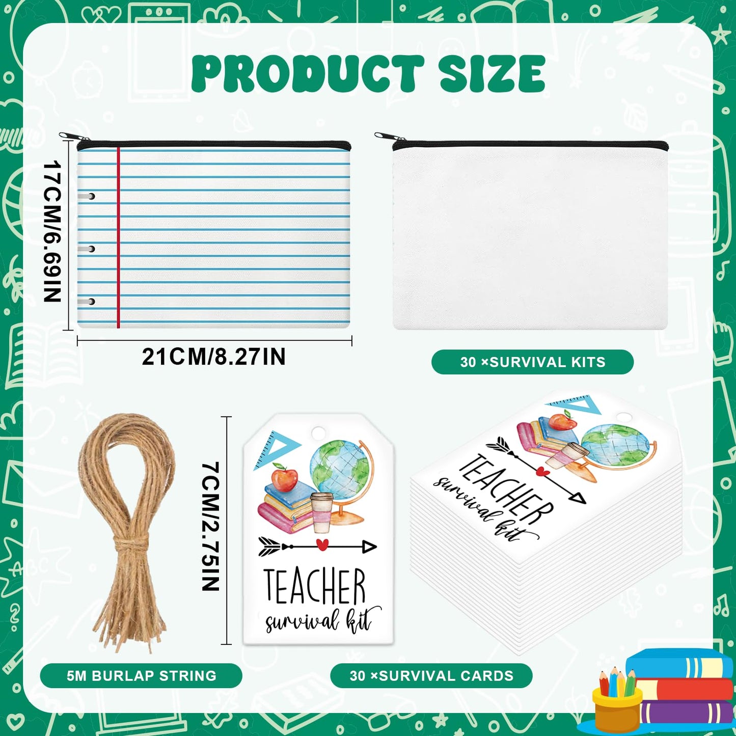 30 Set Teacher Survival Kit Supplies Includ Makeup Bag Card and Hemp Rope Appreciation Gifts for Teachers' Day Valentine's Day Back to School and First Day of School