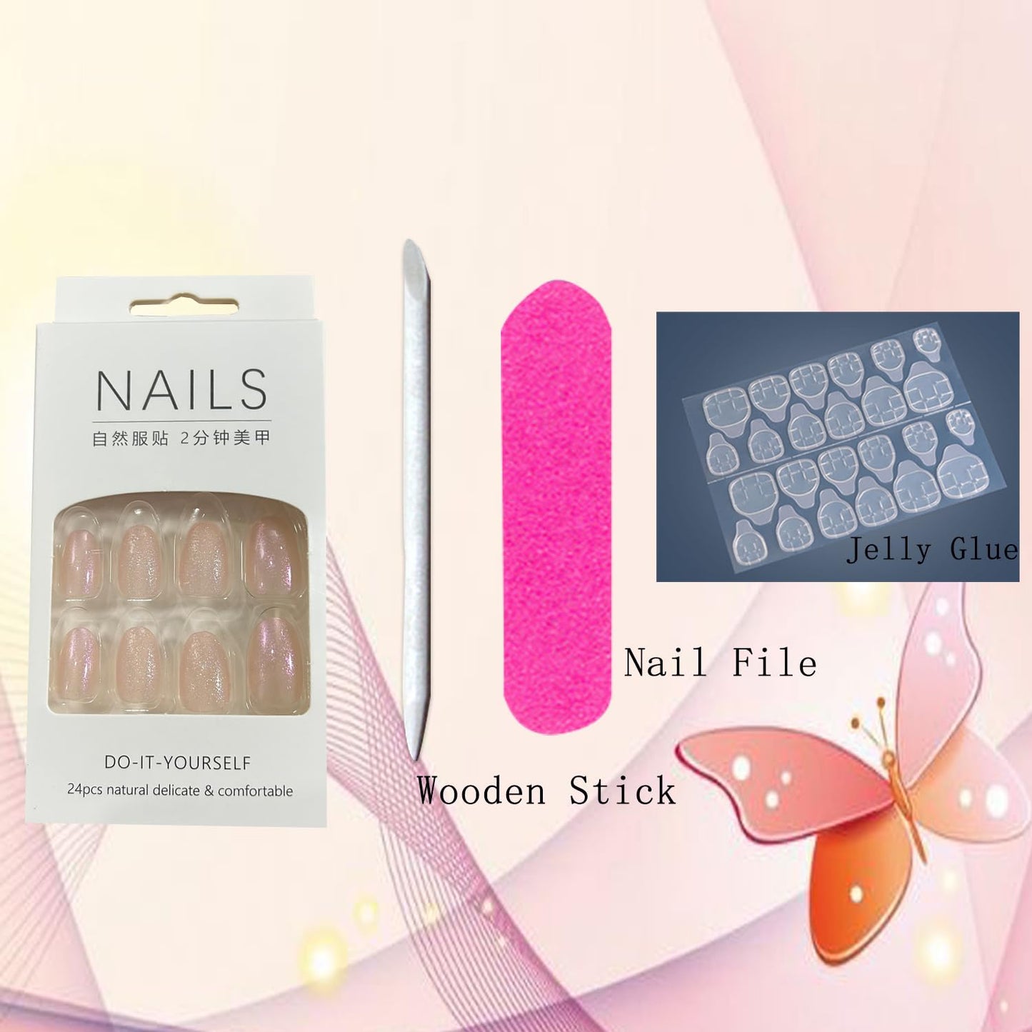 Press on Nails Oval Short, Artificial Fake Nails with Nude Powder Design, Full Cover Reusable Coffin Shaped Glossy False Nails, Simple Sweet Acrylic Nails, Glue on Nails for Women Set 24Pcs