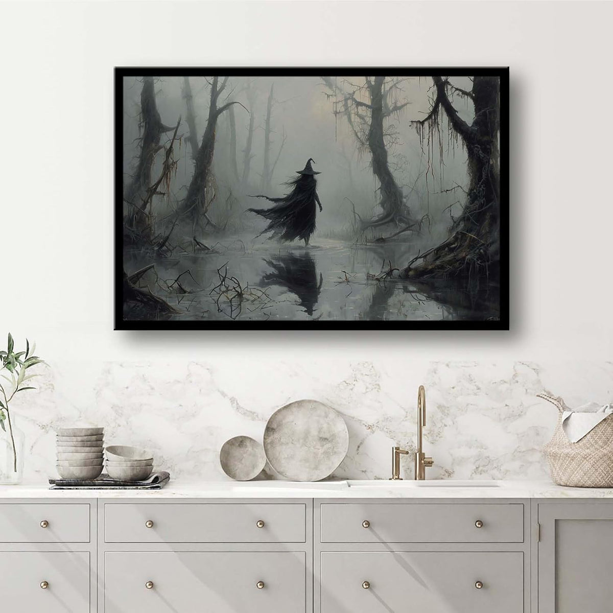 JFHCQJPK Vintage rustic swamp witch poster dark moody wall art gothic horror season halloween print for home decor retro dark moody painting24x36in Metal blackFramed