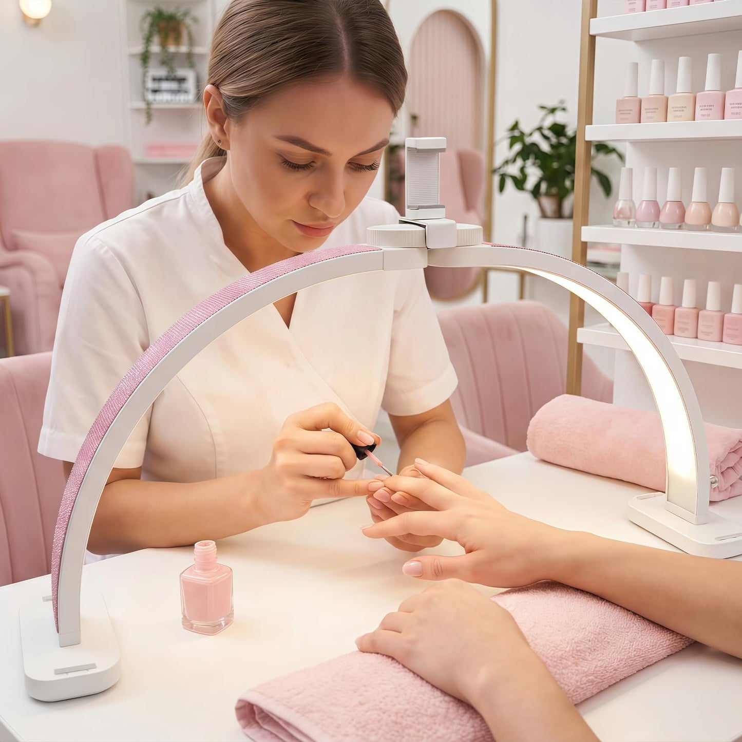 obcd Half Moon Light for Nail Desk 31" Foldable LED Nail Desk Lamp with Phone Holder, Professional Nail Tech Light for Manicure & Beauty Studio