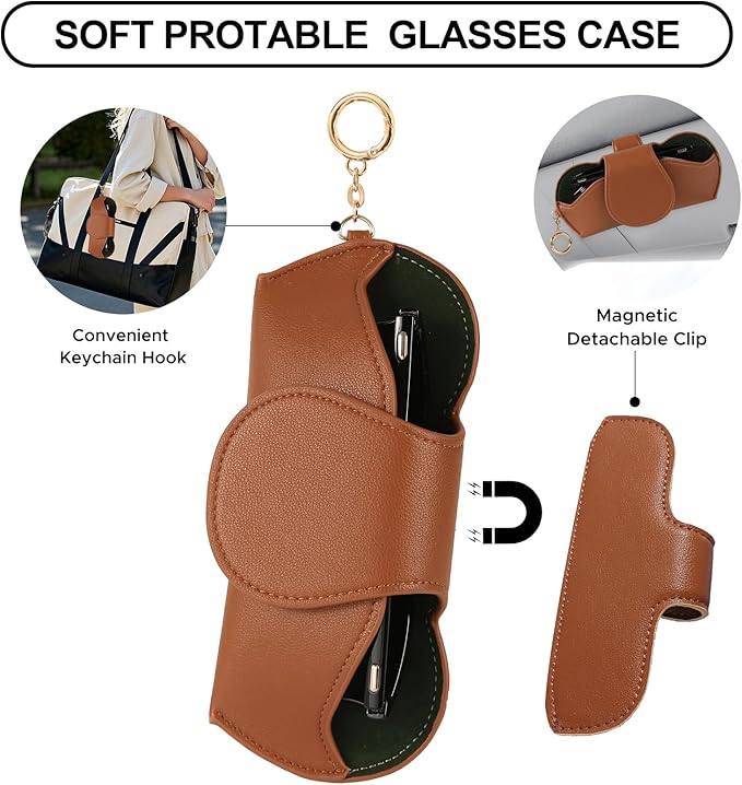 KINIVA Sunglasses Holder for Car Visor with Hanging Hook Portable Leather Glasses Storage Bag with Detachable Clips