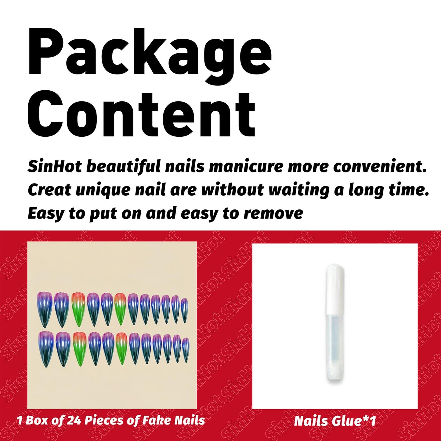 SINHOT Stiletto Press on Nails - Long Fake Nails, Glossy Finish, Colorful Chrome & Metallic, DIY Artificial False Nail Art - 24 Pcs Nail Kit with Glue