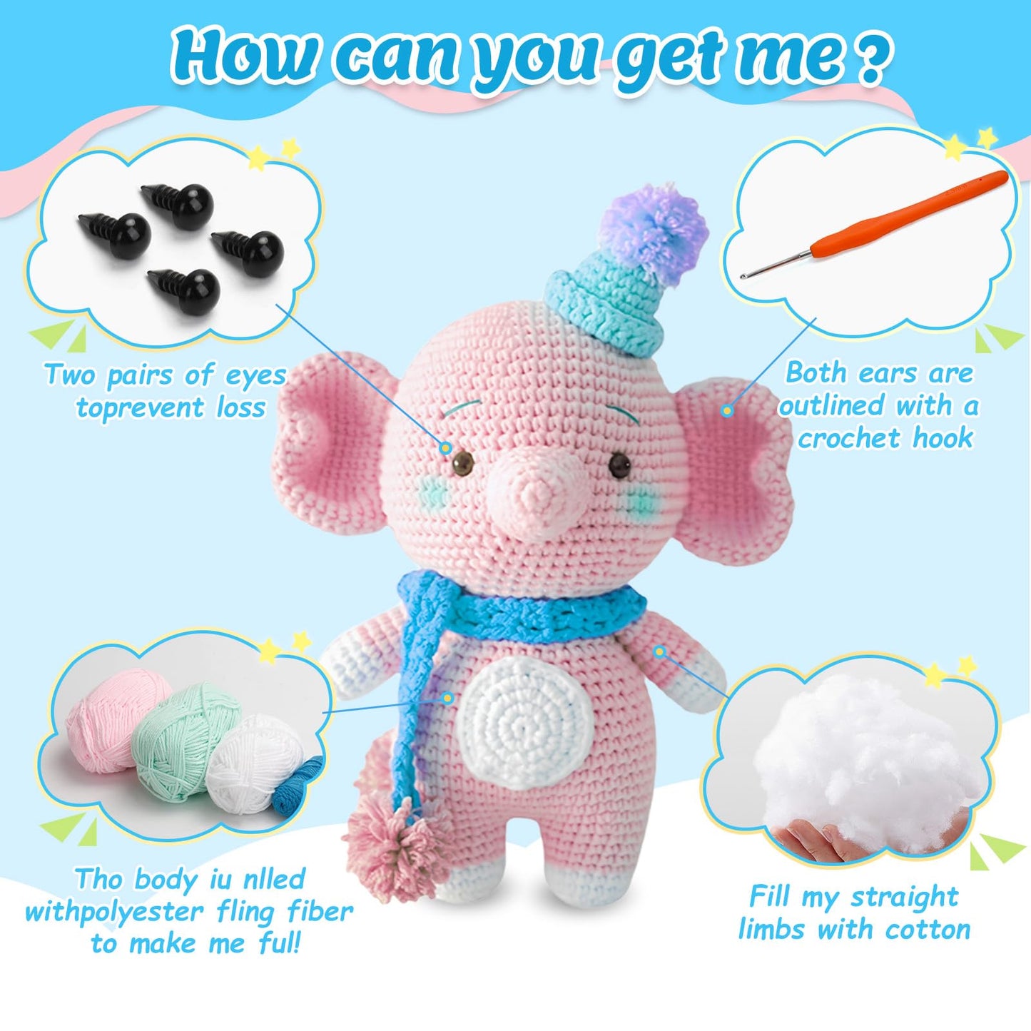 ISTORAGE Crochet Kit for Beginners, 2PCS Elephant Beginner Crochet Kit Crochet Starter Kit DIY Crochet Animals Kits Knitting Supplies, Easy Knitting Kit