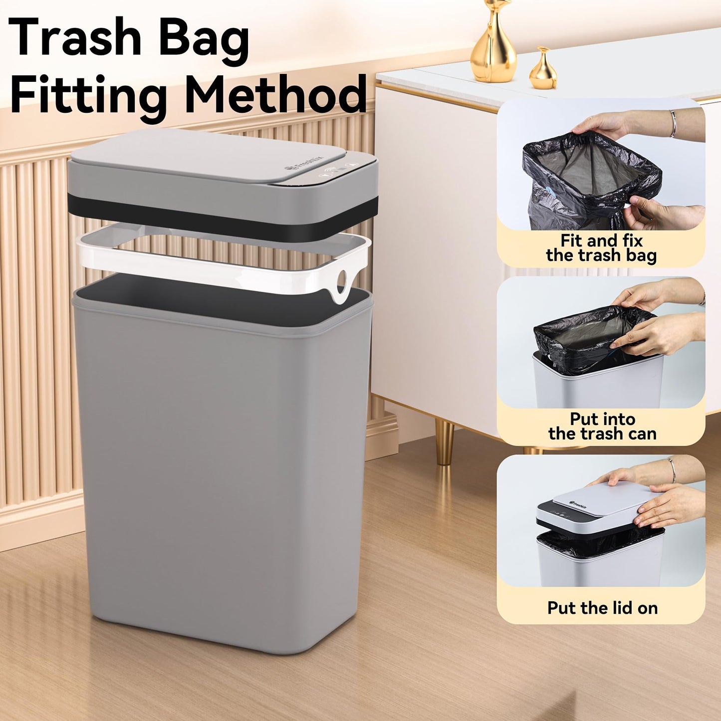 FRESHLIX 3 Pack Bathroom Trash Can 2.6 Gallon Small Touchless Automatic Motion Sensor Trash Cans Slim Waterproof Garbage Bin with Lid for Kitchen, Office, Bedroom Black White Grey