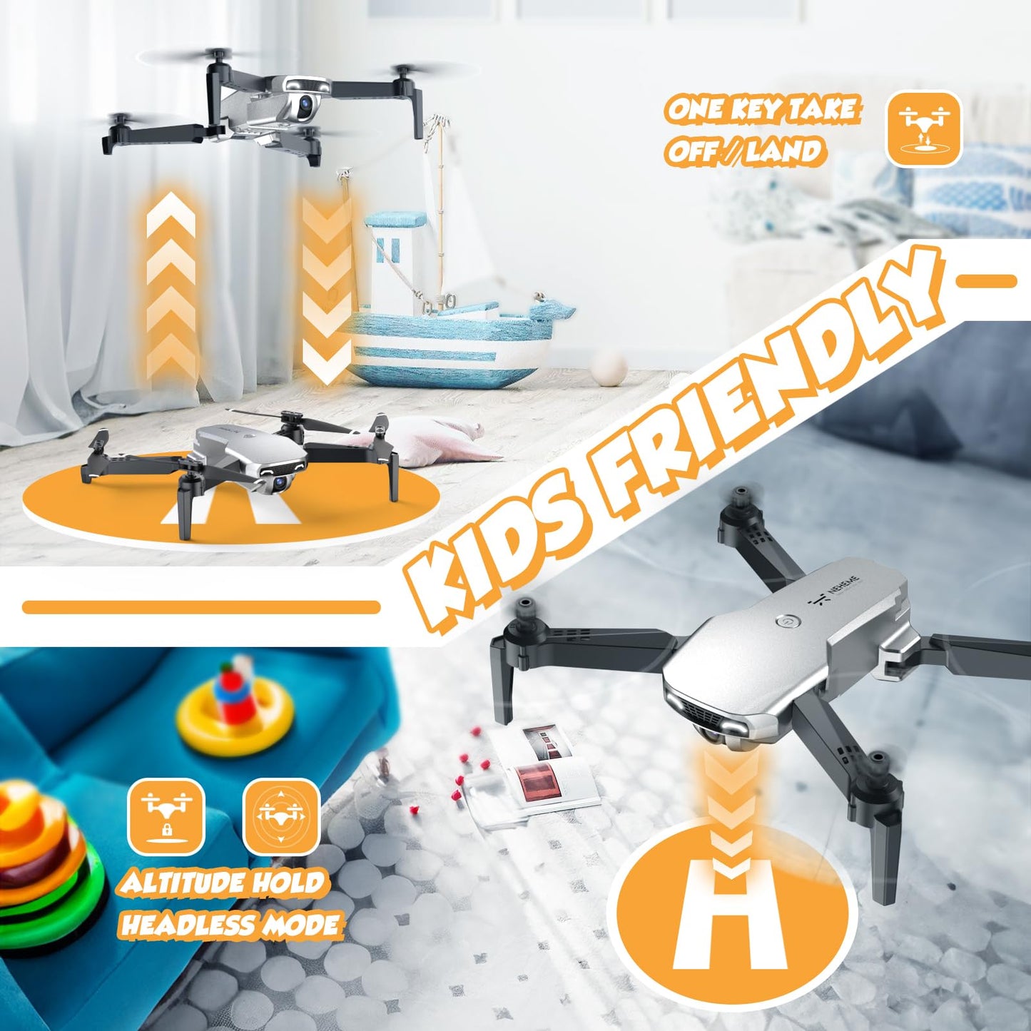 NEHEME Drones for Kids with Camera - Remote Control Helicopter Toys Gifts for Boys Girls, 1080P HD FPV RC Quadcopter for Adults, One Key Start/Land, Altitude Hold, Gravity Control, 2 Batteries, Silver